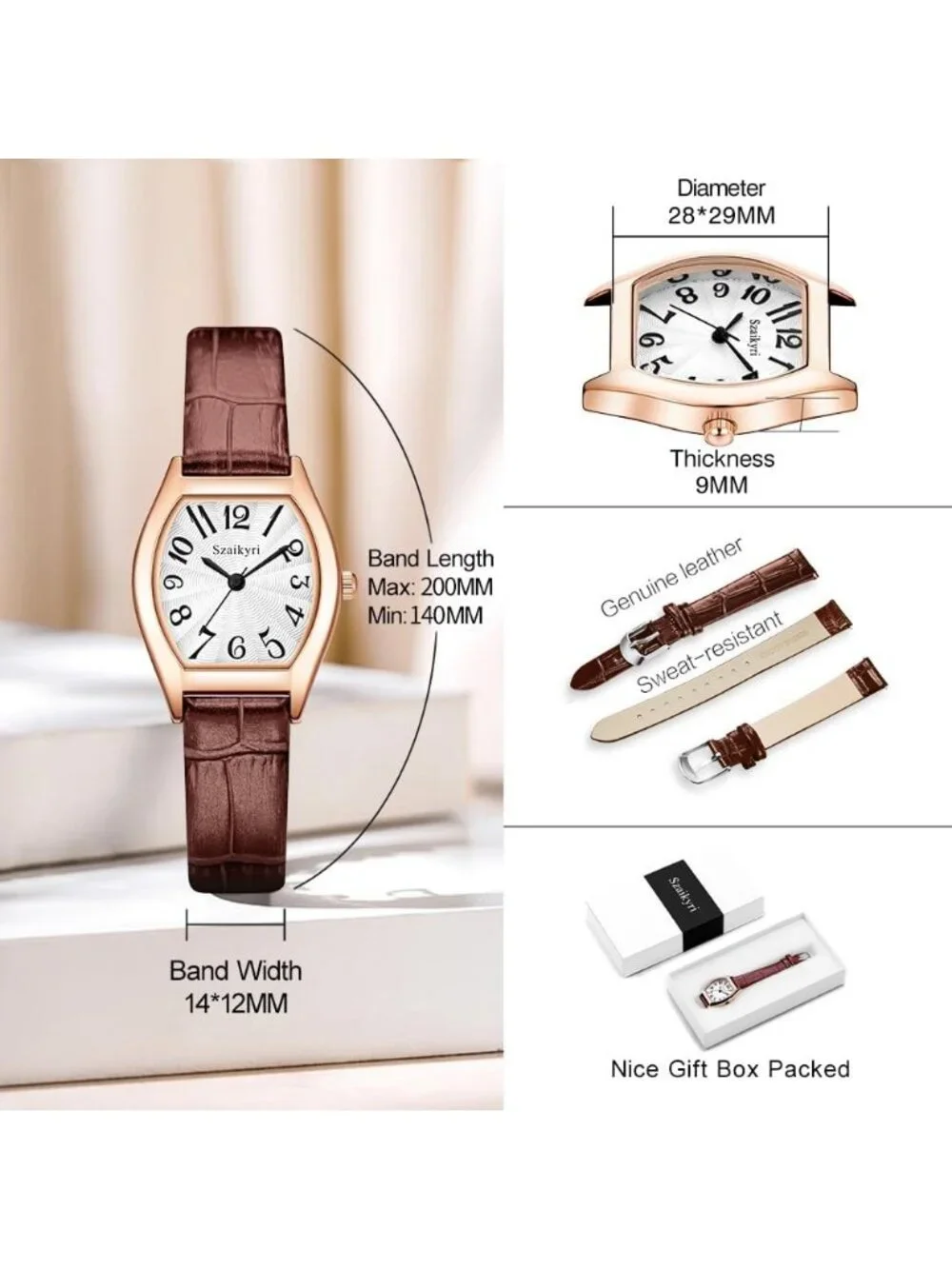 Women's Brown-Rose Gold Barrel-Shaped Easy Read Arabic Numerals Dress Watch
